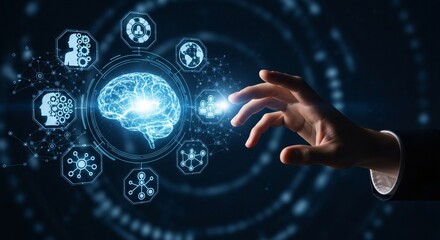 Human hand interacting with digital brain and ai icons on a dark futuristic background interface