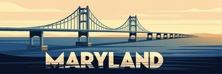 Obraz premium Maryland Chesapeake Bay Bridge Illustration – Scenic Sunrise, Vintage Travel Poster Style, Coastal Landmark Vector Art