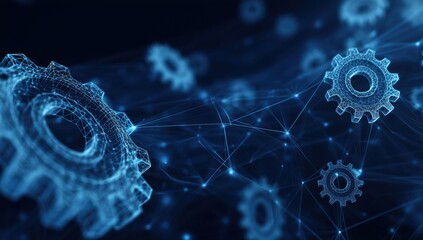 Abstract blue digital background with interconnected gears and data connections in a low-poly style, with a dark blue color scheme Generative AI