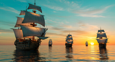Sailing Ships Navigating calm Waters at Sunset with Blue Sky