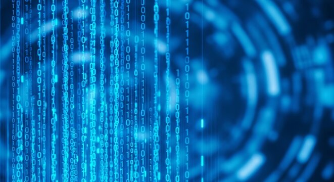 Close up shot of blue binary code cascading down with a blurred background pattern effect