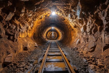 Dark Underground Tunnel with Railway Tracks and Illuminated Ceiling