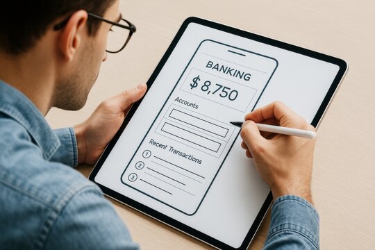 Man designing mobile banking app interface on tablet with stylus on light wooden background in close-up view, focused on digital finance concept. Ai generative