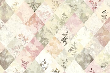 Fototapeta premium Elegant Diamond and Floral Pattern in Muted Pastel Tones with Seamless Vintage Wallpaper Texture for Scrapbooking