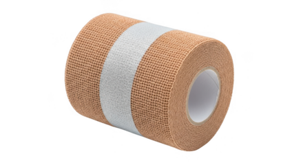 A roll of beige elastic medical bandage tape with a white stripe, isolated on a transparent background