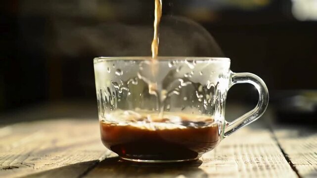 Ultra-realistic slow-motion video of hot coffee being poured into a glass cup with steam swirling in the sunlight. Perfect for cafe promotions, lifestyle videos, and morning-themed projects.