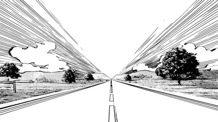 sketch of a city street, a road to the urban downtown hand drawn comic style black and white illustration