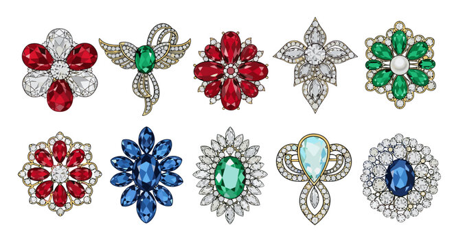 Collection of ten jewel encrusted brooches with various shapes and gemstone colors displayed on white