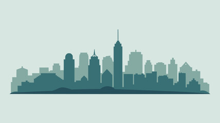 Teal and Green City Skyline Silhouette with Hills Keywords: city, skyline, silhouette, urban