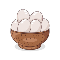 Boiled chicken egg. Chicken egg placed on a wooden bowl designed in flat cartoon style, isolated on a white background. Vector Illustration.