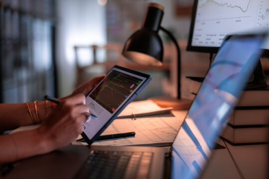 Analyzing stock market data on tablet and computer