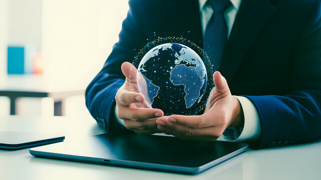 Confident businessman holding glowing digital earth, global connectivity concept.