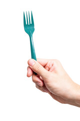Male hand holding a green plastic fork isolated on white background.