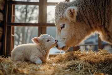 Obraz premium Tender Moment Between Lamb and Ewe in Barn Setting