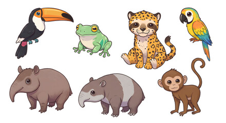 A charming collection of cute cartoon rainforest animals. Colorful illustrated set of jungle wildlife like a toucan, jaguar, and monkey.