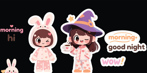 girl and rabbit sticker vector illustration 