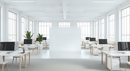 A bright open office space with white walls desks and computers under large windows with natural light