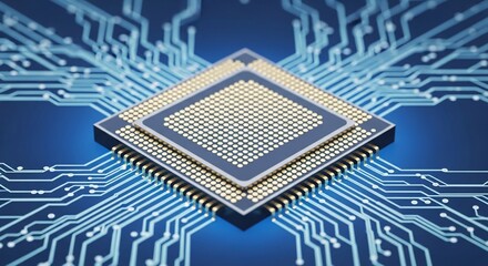 Close up view of a computer chip with intricate circuit patterns on a blue gradient background image