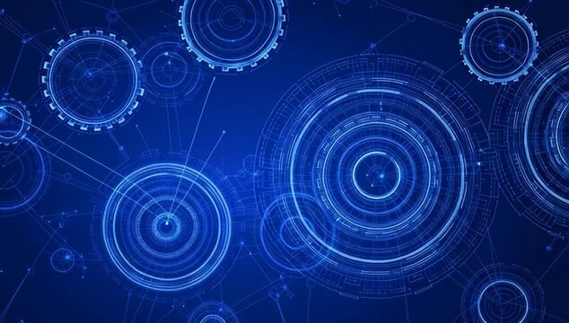Blue digital background with interconnected circles and lines forming an abstract network pattern, representing the technology of blockchain in business financial data transfer Generative AI
