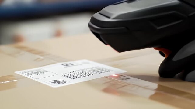 Worker scanning barcode on package with handheld scanner for shipping and delivery process
