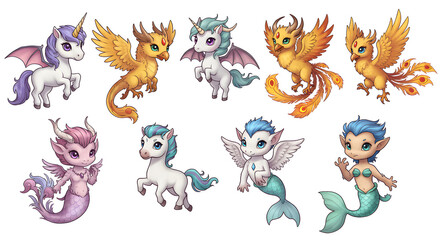 Fototapeta premium Set of cute fantasy creatures. Adorable cartoon illustrations of unicorns, dragons, phoenixes, and mermaids.