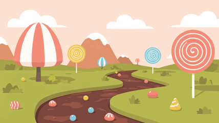 Fototapeta premium Whimsical candy land landscape with chocolate river and lollipops