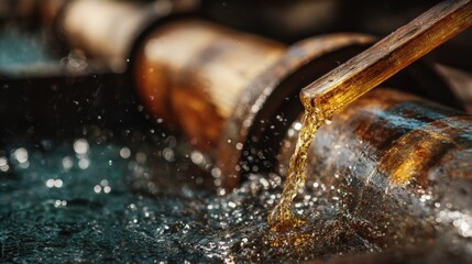 Medium angle capturing juice dripping from crushed sugarcane between rotating rollers centerfocused on the glossy liquid while the surrounding mill structure fades into blur.