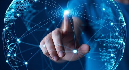 A finger touches a glowing point on a network globe with interconnected nodes in a blue toned image