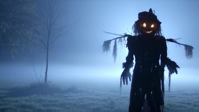 Silhouette of a spooky scarecrow in a misty landscape at night