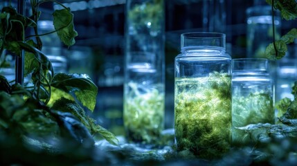 An artistic closeup of light refracting through the reactors glass sides illuminating the swirling microbial cultures inside paired with a backdrop of green plants symbolizing ecofriendly