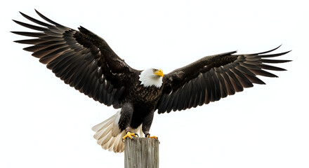 Obraz premium A bald eagle perched atop a weathered wooden post with its wings fully extended against white background