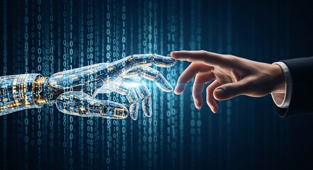 Human hand reaches out to touch a robotic hand against a digital binary code background
