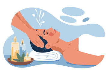 Fototapeta premium Woman enjoying a spa head massage with steam and abstract shapes