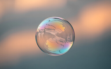 Single iridescent soap bubble floating against soft sky background