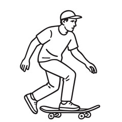 Vector illustration of a young man skateboarding in black and white with bold black outline, perfect for urban sports designs and street culture themes.

