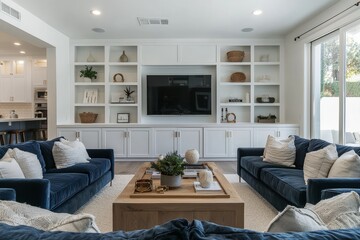Modern farmhouse living room with built-in white cabinets, TV unit, and blue velvet sofas in sunlit Southern California home