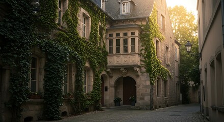 Fototapeta premium Stone Building with Ivy Facade and Bay Window
