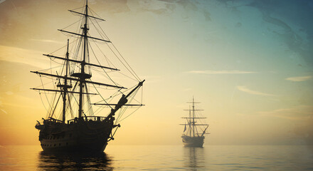 Silhouetted Sailing Ships on Misty Ocean at Sunset Horizon