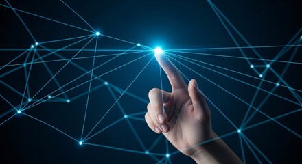 A hand touching a glowing node in a network of interconnected lines on a dark blue background