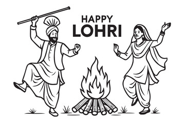 Vector artwork featuring a Happy Lohri theme in monochrome style with black outline, suitable for traditional decorations, festive promotions, and cultural illustrations.

