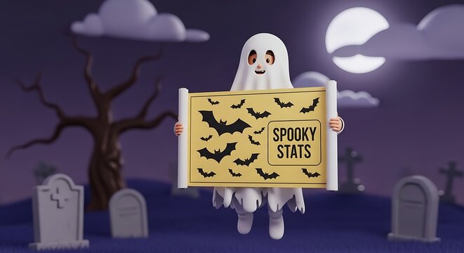 Friendly cartoon ghost presents spooky stats in a moonlit graveyard with bats flying around, perfect for Halloween data presentations and eerie reports.