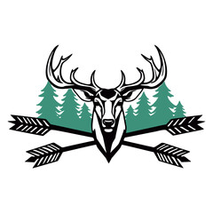 Rustic Hunting Emblem Featuring Deer Head, Crossed Arrows, and Evergreen Forest for Outdoor Sports, Camping, and Wildlife Tourism