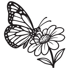 Vector artwork showing a butterfly sitting on a blossom in monochrome style with black outline, suitable for environmental posters and decorative illustrations.


