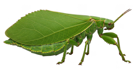A green leaf katydid insect, known for its remarkable camouflage resembling a leaf, isolated on a transparent background