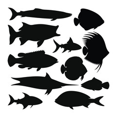 Collection of diverse fish silhouettes on a white background