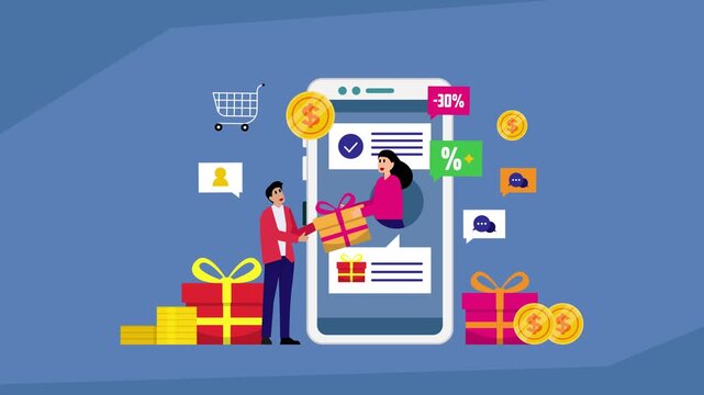 Referral Program and Reward for E-Commerce. cartoon animation