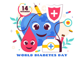 Naklejka premium World Diabetes Day Vector Illustration on November 14 Featuring Doctors Testing Blood Glucose Levels and Measuring Sugar in a Flat Style Background
