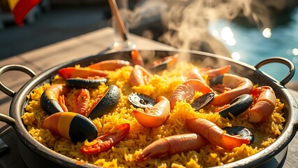 Artisanal paella pan with golden saffron rice and fresh seafood, celebrating Spain's National Day with Mediterranean coastal hues.