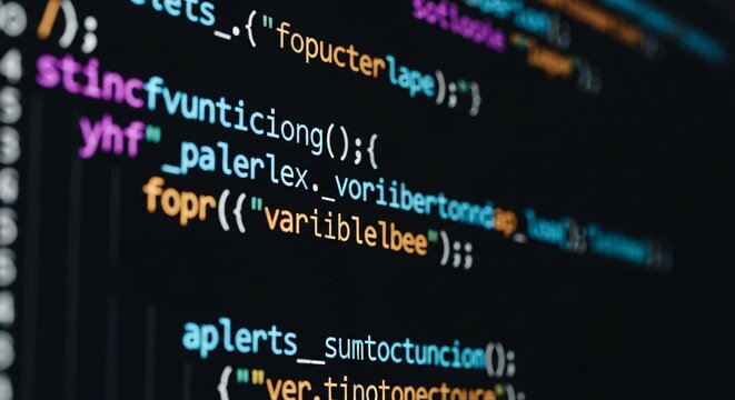 Close up of colorful computer code on a dark screen displaying programming syntax and functions