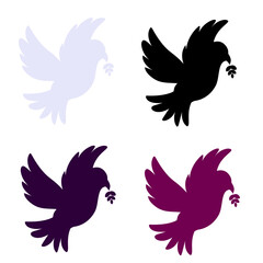 Image featuring four silhouette doves in varying colors, symbolizing peace, hope, and harmony, set against a white background. Ideal for themes of tranquility and compassion.